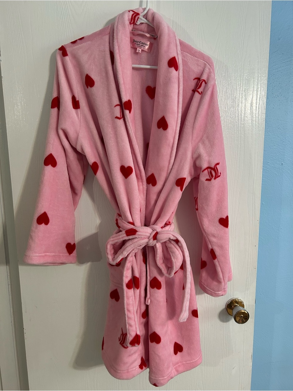 Juicy Couture Pink Plush Robe with Red Heart Print